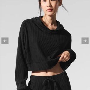 ALO Yoga Muse Hoodie Black Ribbed Womens Medium Cropped